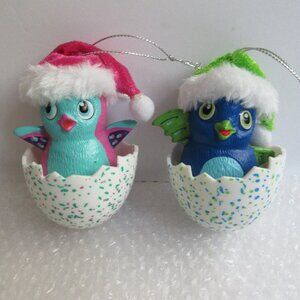 HATCHIMAL Kurt Adler Blue & Green/ Pink & Teal w/ Santa Hat Christmas Ornaments